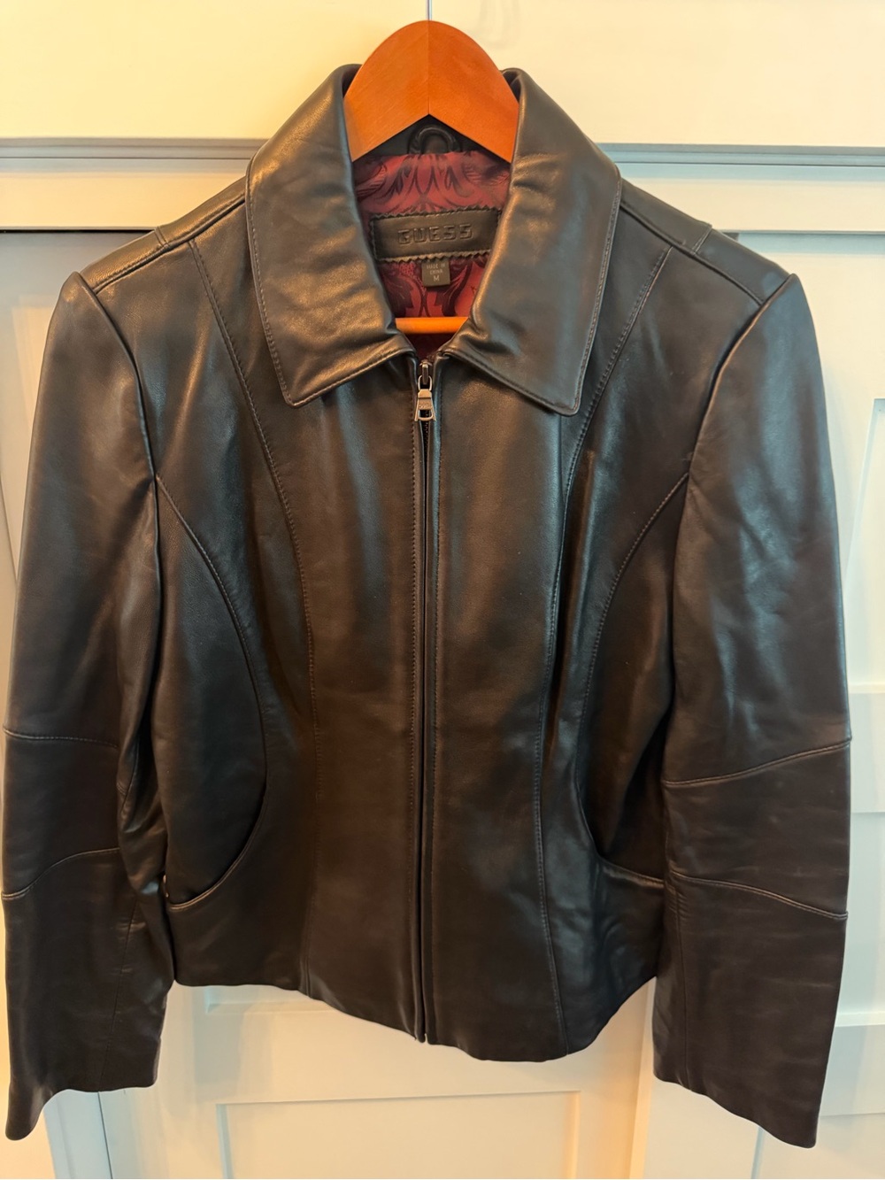Vintage Guess Black Leather Zip-Up Jacket with Polo Collar
